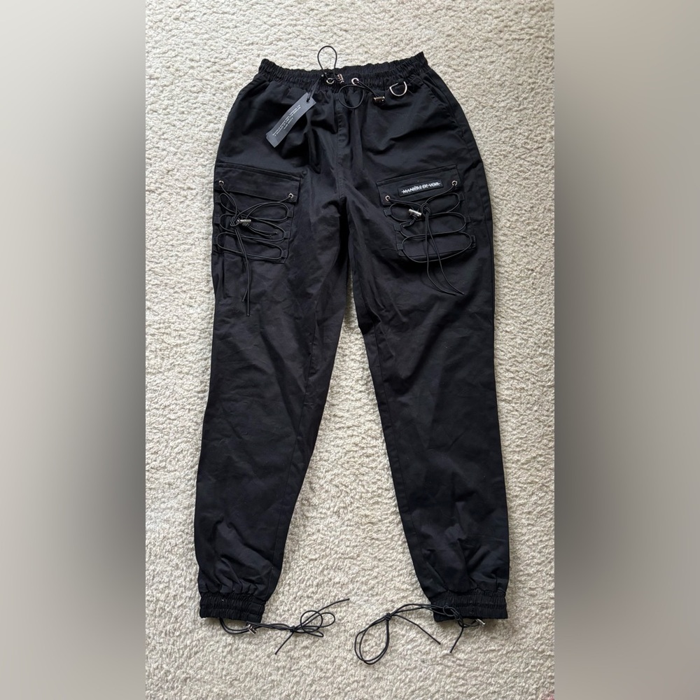 Manière De Voir Black Bungee Cord Lace-Up Cargo Jogger Pants Size 8 NWT - Picture 5 of 11